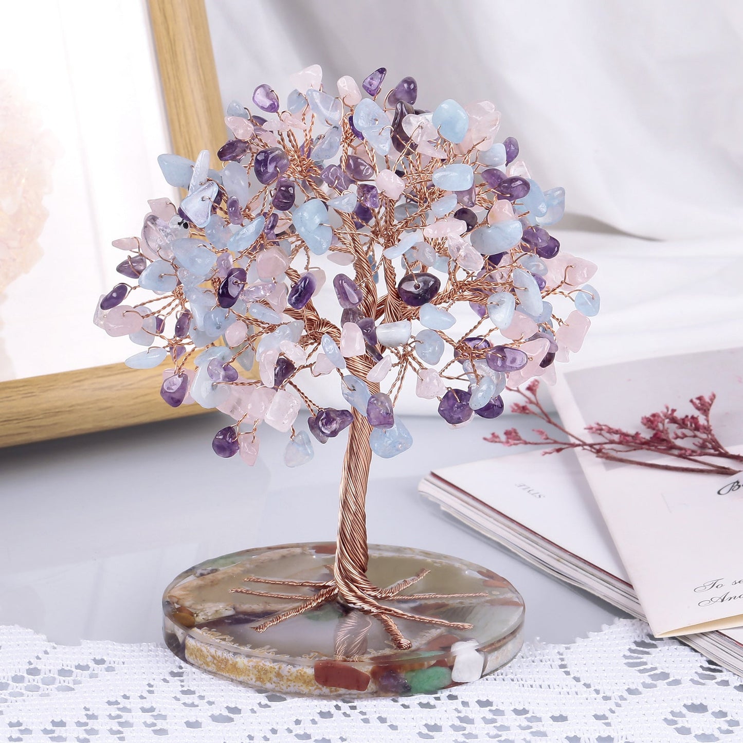 Giftoluck Round Agate Piece Base Healing Crystal Feng Shui Tree