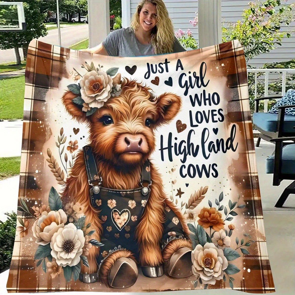 🐂【Highland Cow Series】Cute Bowknot Highland Cow Print Flannel Blanket Soft Warm Multi-purpose Gift Blanket For All Seasons