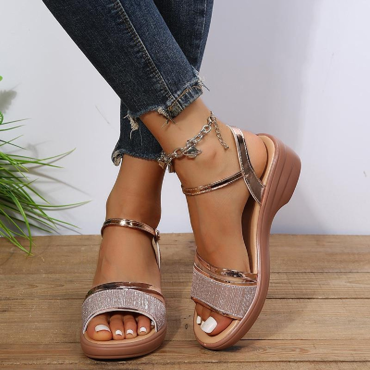 GiftoLuck Women Summer 2025 Shoes Rhinestone Peep-toe Sandals