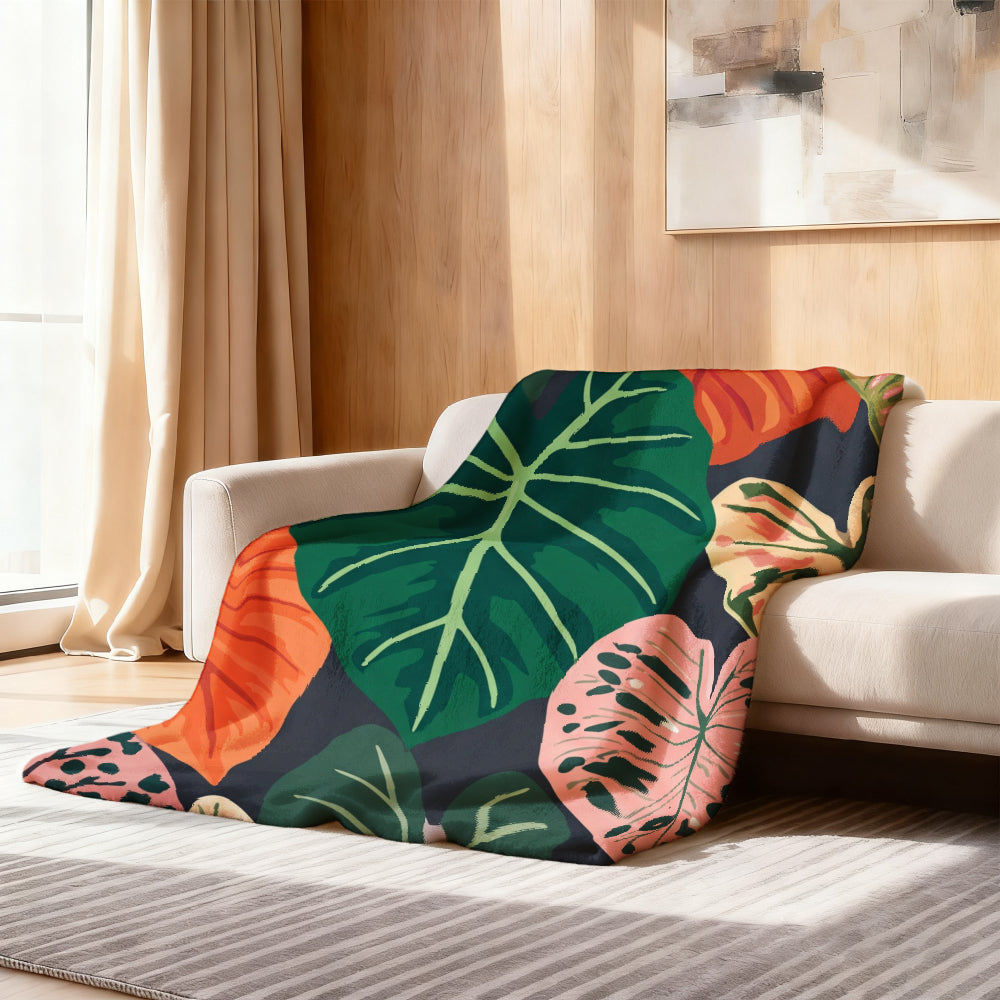 Aonana Secret Garden Tropical Plant Leaf Cozy Flannel Throw Blanket