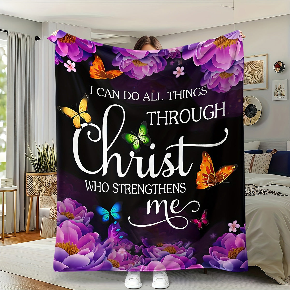 GiftoLuck “I Can Do All Things Through Christ Who Gives Strength Me” Flannel Blanket Gift for Faith