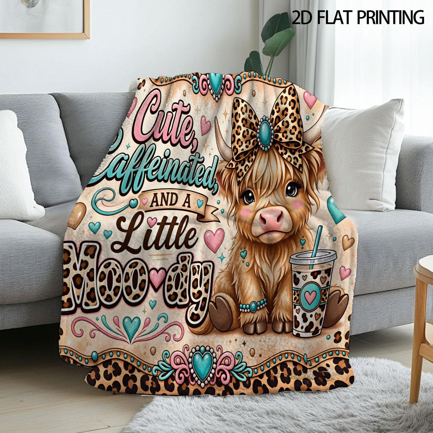 🐂【Highland Cow Series】Cute Bowknot Highland Cow Print Flannel Blanket Soft Warm Multi-purpose Gift Blanket For All Seasons