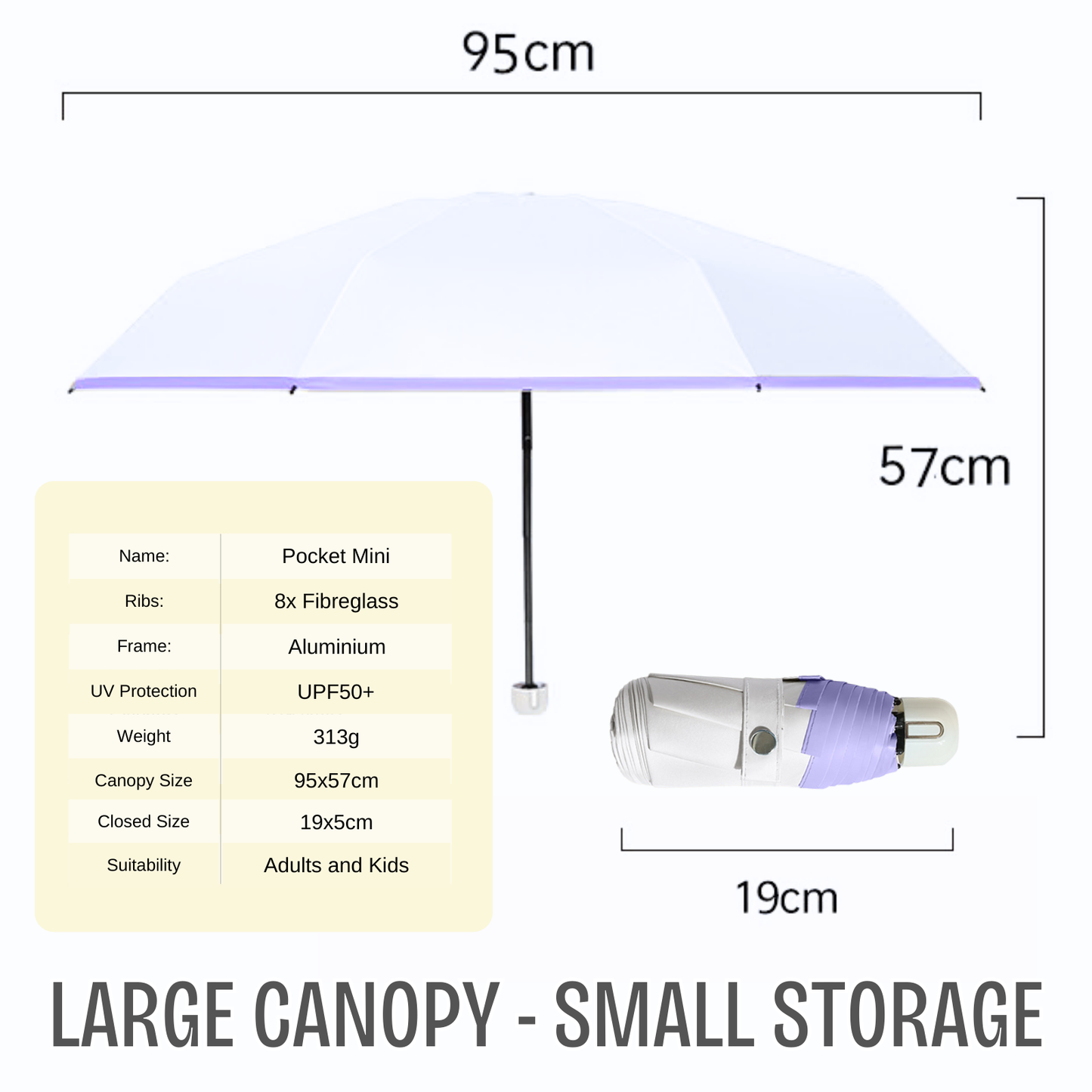 Pastel Pocket Mini Umbrella 8-Rib Frame UPF50+