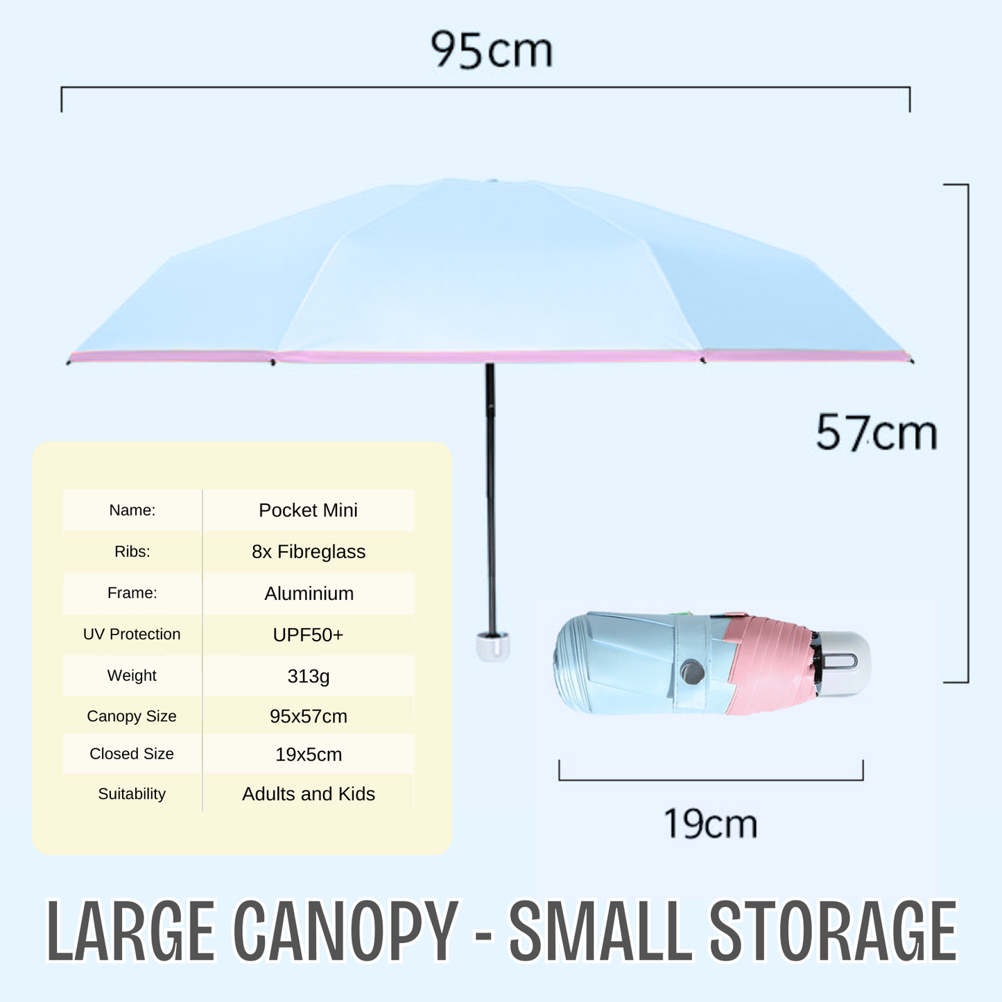 Pastel Pocket Mini Umbrella 8-Rib Frame UPF50+
