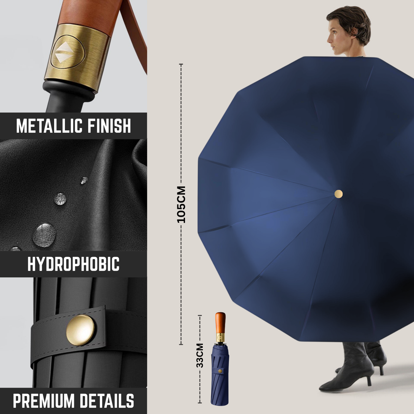 Classic Auto-Opening Umbrella 12-Rib Frame Wooden Handle