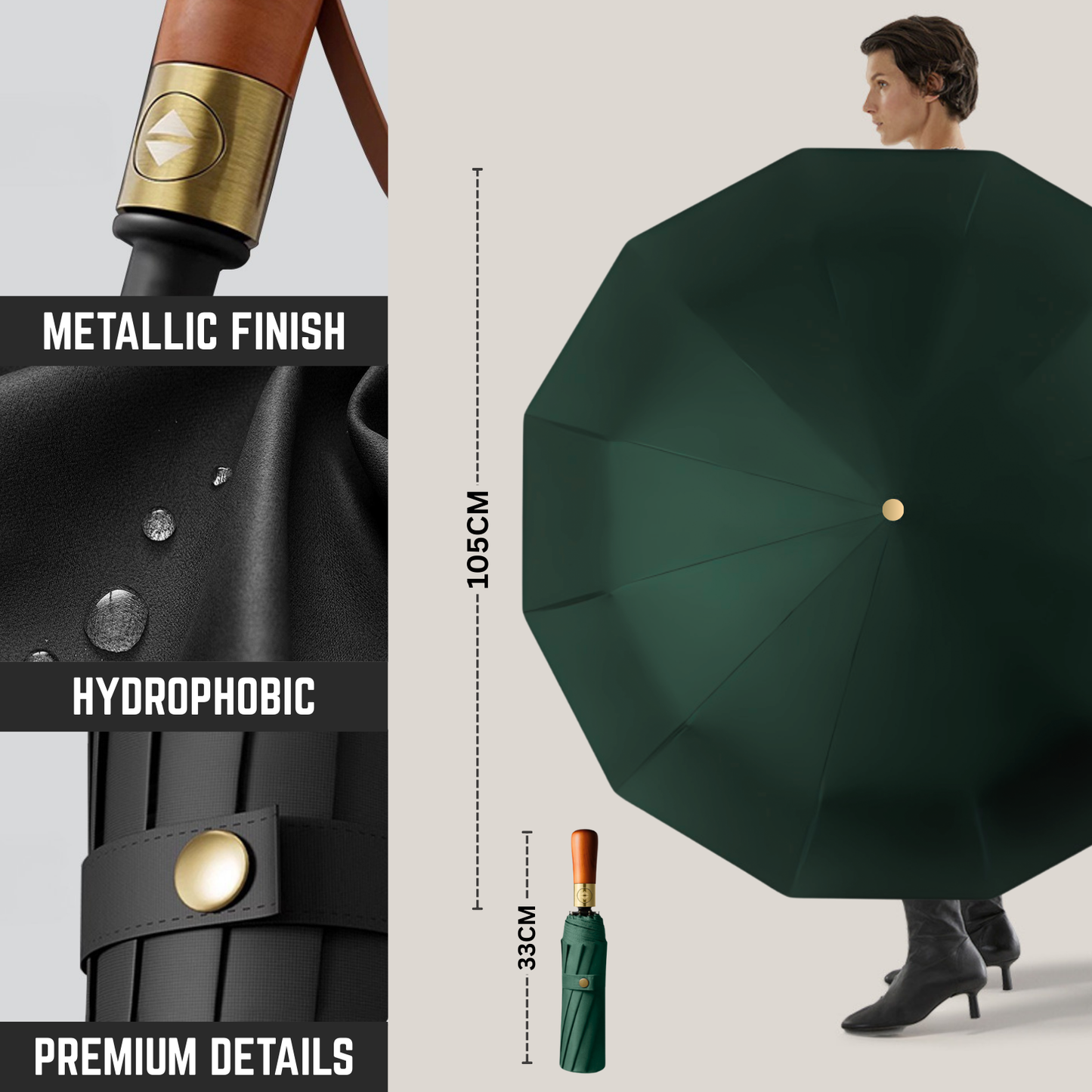 Classic Auto-Opening Umbrella 12-Rib Frame Wooden Handle