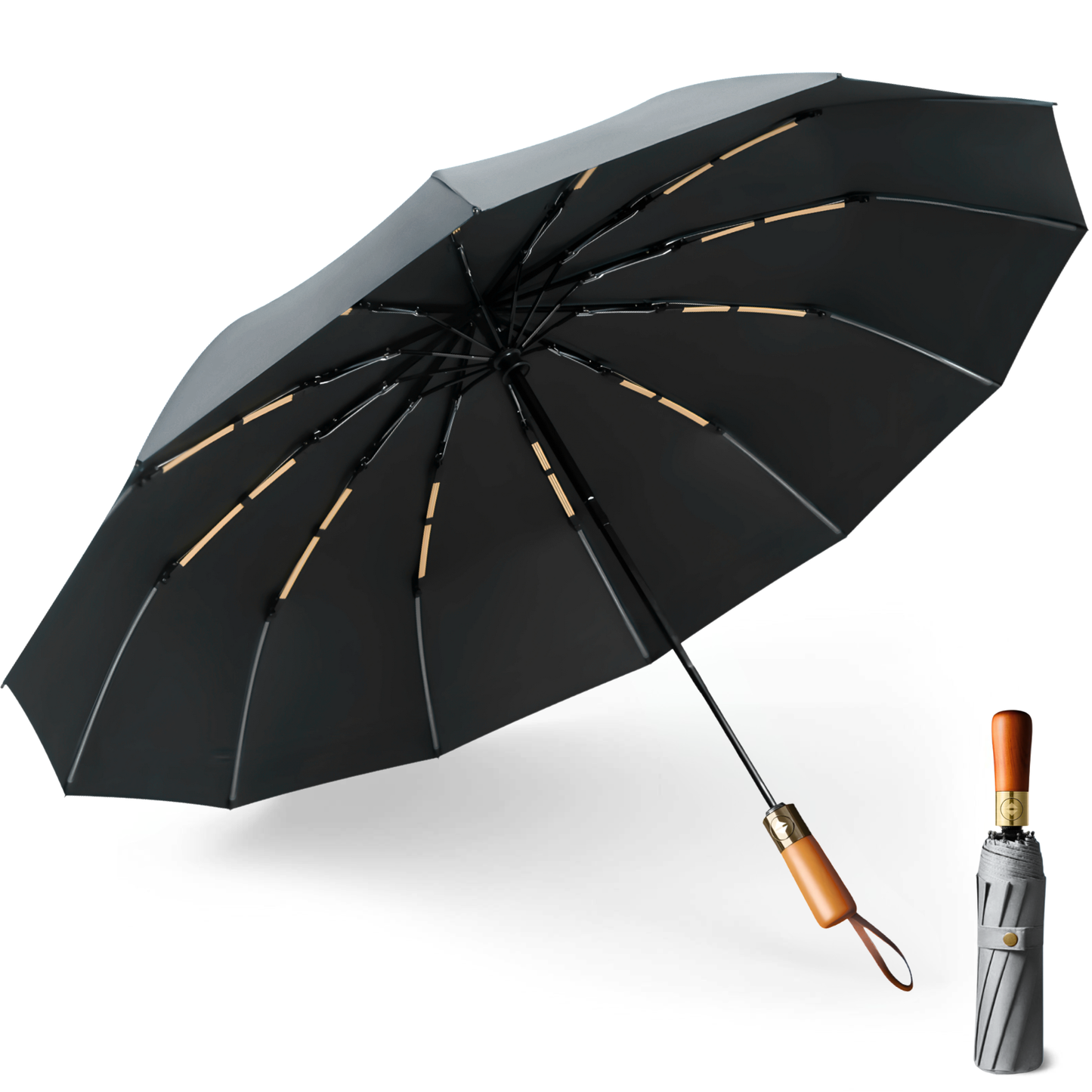 Classic Auto-Opening Umbrella 12-Rib Frame Wooden Handle