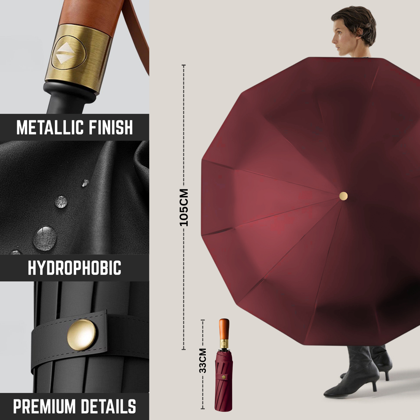 Classic Auto-Opening Umbrella 12-Rib Frame Wooden Handle