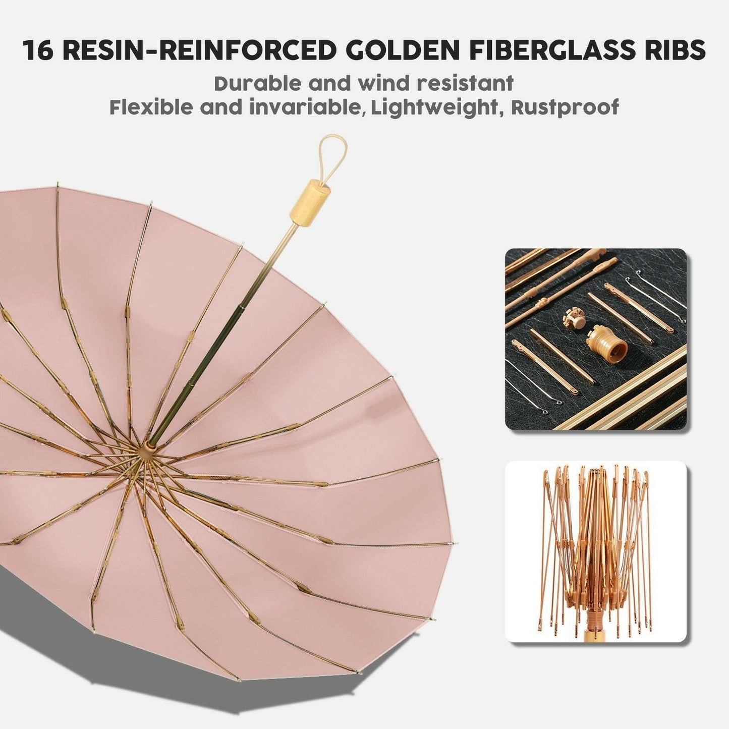 Compact UV Reflective Umbrella 16-Rib Golden Frame UPF50+