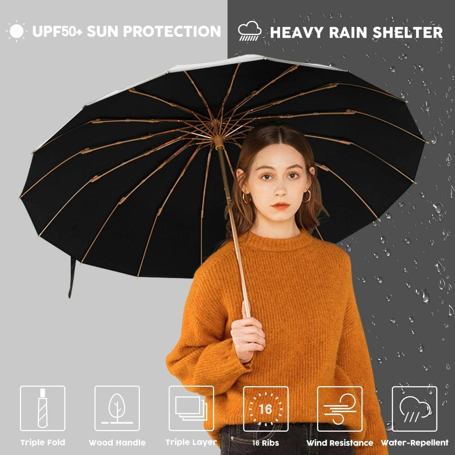 Compact UV Reflective Umbrella 16-Rib Golden Frame UPF50+