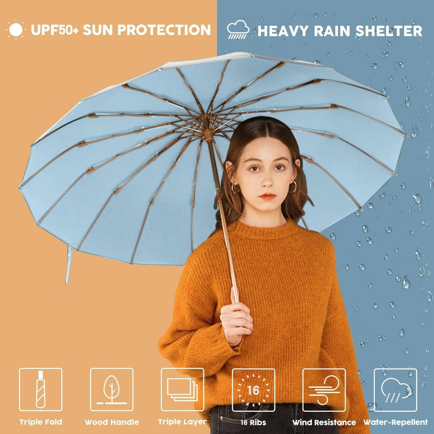 Compact UV Reflective Umbrella 16-Rib Golden Frame UPF50+