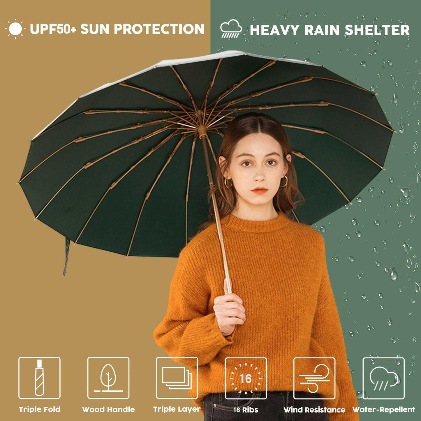 Compact UV Reflective Umbrella 16-Rib Golden Frame UPF50+