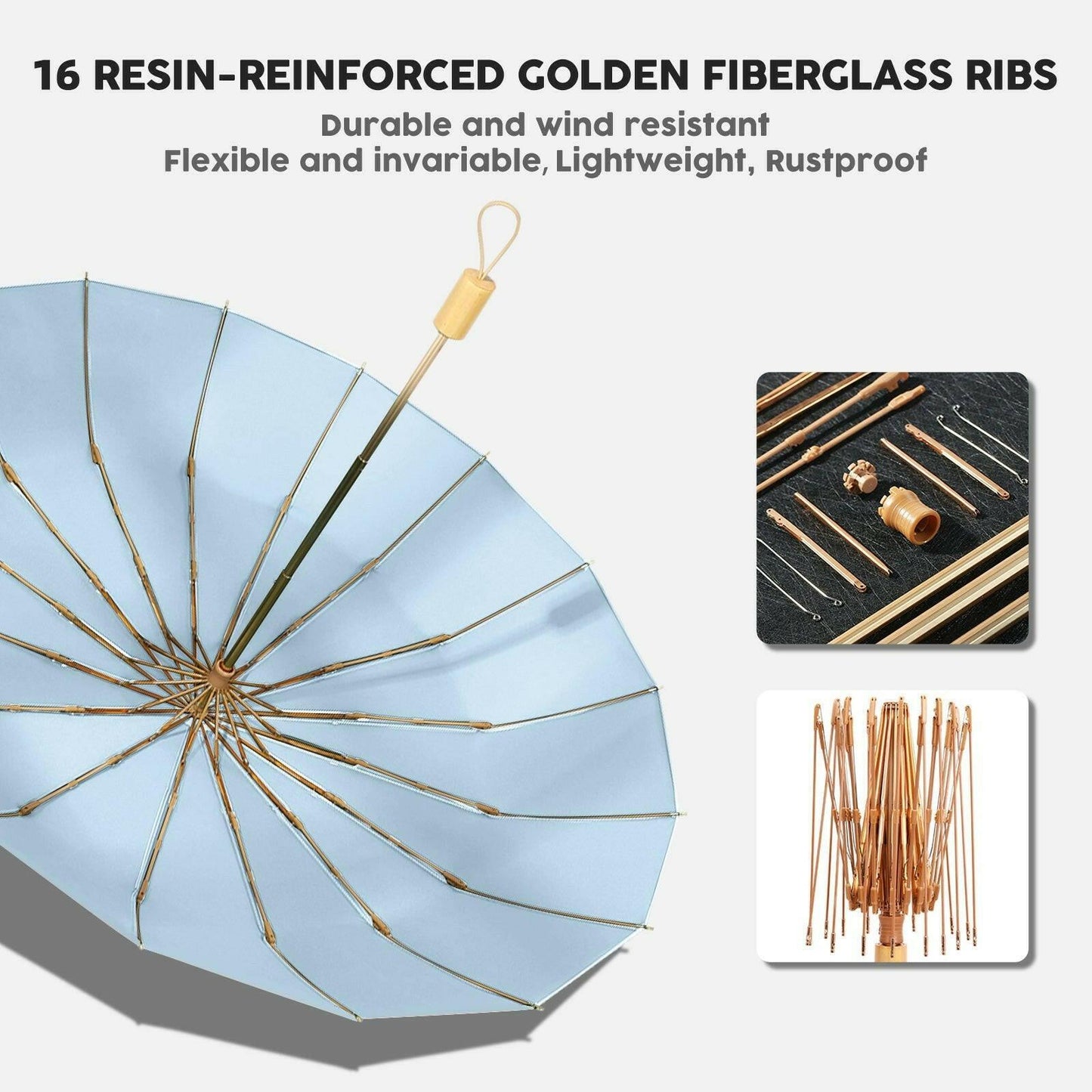 Compact UV Reflective Umbrella 16-Rib Golden Frame UPF50+