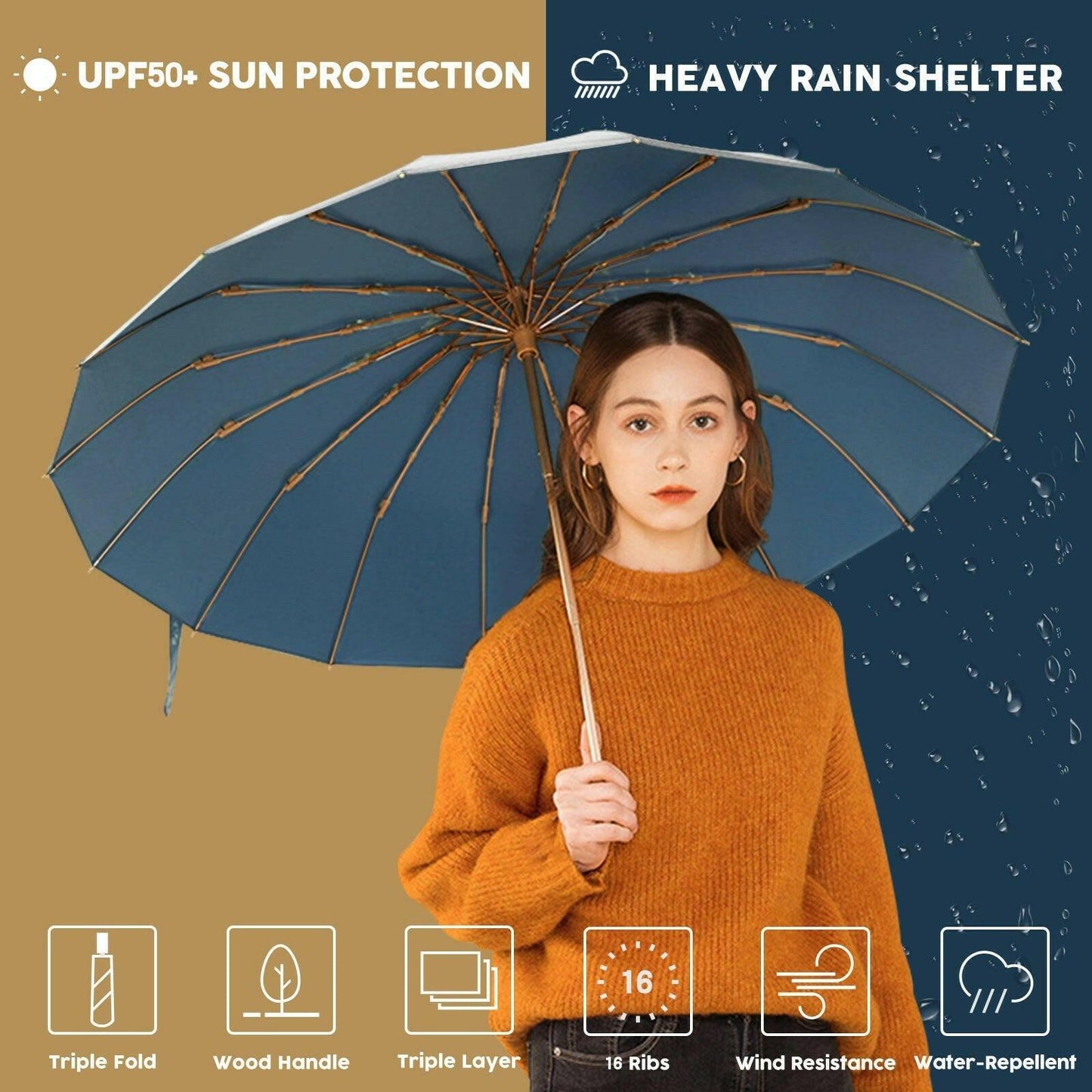 Compact UV Reflective Umbrella 16-Rib Golden Frame UPF50+