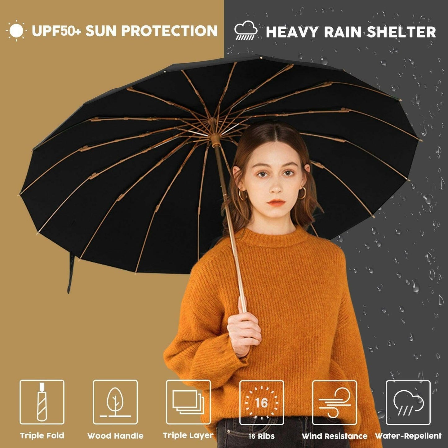 Compact UV Reflective Umbrella 16-Rib Golden Frame UPF50+