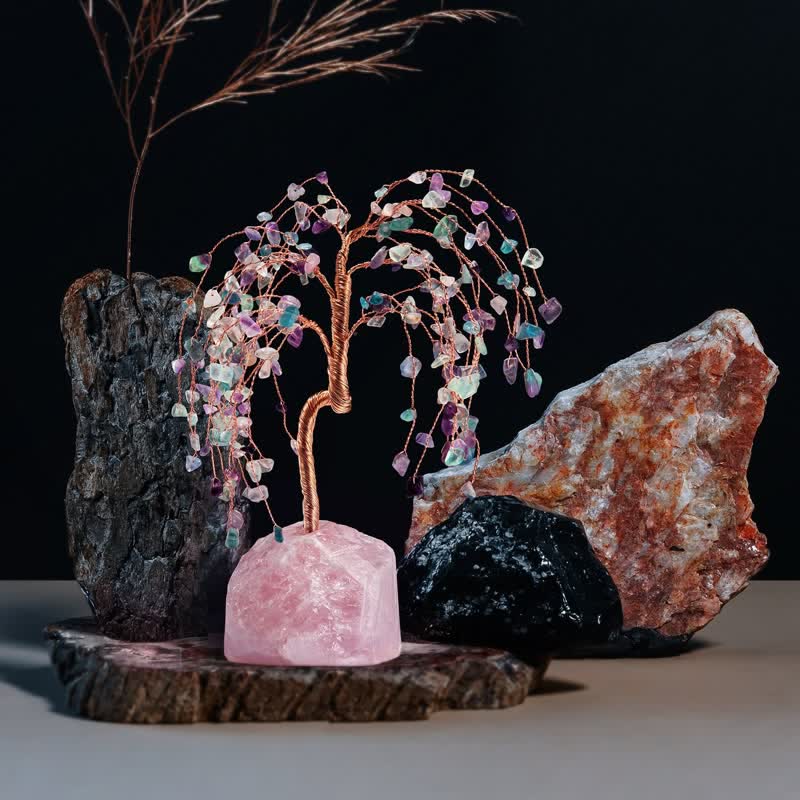 Giftoluck Fluorite Leaves Rose Quartz Base Feng Shui Tree
