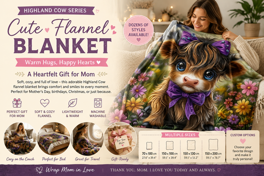 🐂 Highland Cow Series: Cute Bowknot Highland Cow Print Flannel Blanket for Cozy All-Season Gifting
