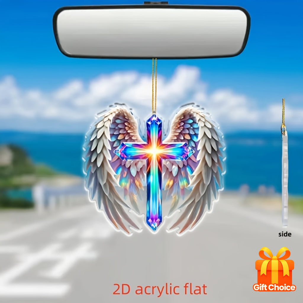 2D Flat Angel Wings And Cross Car Ornament