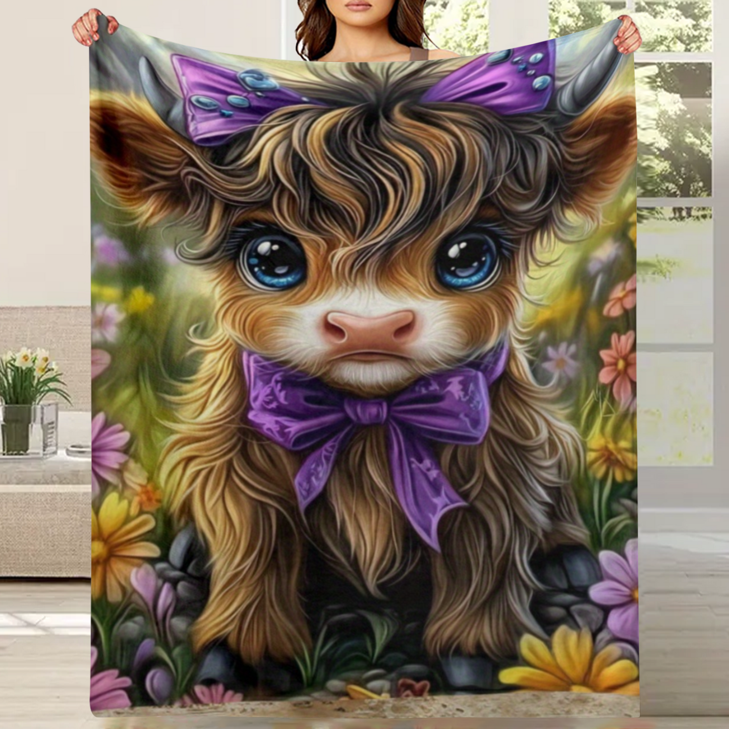 🐂【Highland Cow Series】Cute Bowknot Highland Cow Print Flannel Blanket Soft Warm Multi-purpose Gift Blanket For All Seasons
