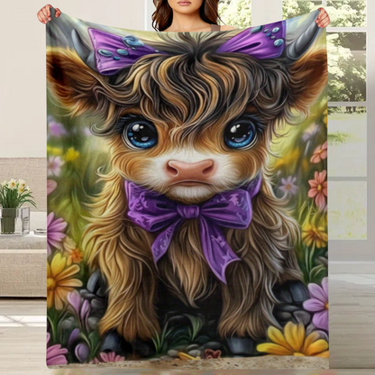 🐂【Highland Cow Series】Cute Bowknot Highland Cow Print Flannel Blanket Soft Warm Multi-purpose Gift Blanket For All Seasons