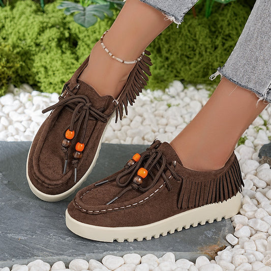 GifitoLuck Women’s Flat Tassel Vintage Roman Style Beaded Lace-Up Shoes, Comfortable Spring Casual Flats, Thoughtful Gift for Mum or Grandma