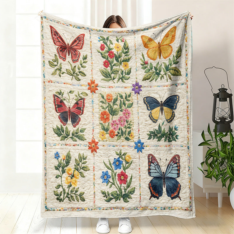 GifitoLuck Quilted Floral Bird Butterfly Flannel Throw Blanket for Sofa and Bed Decor