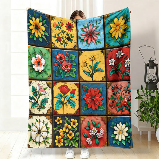 GifitoLuck Quilted Floral Bird Butterfly Flannel Throw Blanket for Sofa and Bed Decor
