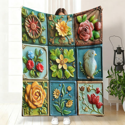 GifitoLuck Quilted Floral Bird Butterfly Flannel Throw Blanket for Sofa and Bed Decor