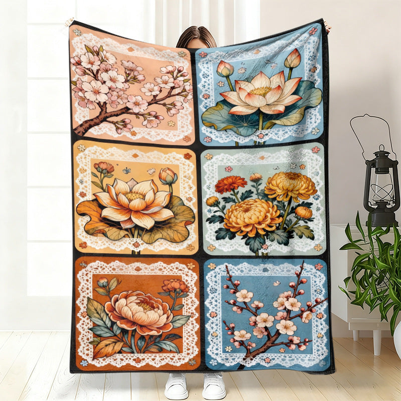 GifitoLuck Quilted Floral Bird Butterfly Flannel Throw Blanket for Sofa and Bed Decor