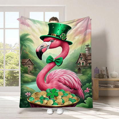 GiftoLuck Warm Cozy Vibrant St. Patrick's Day Flannel Blanket Featuring Irish Leprechauns, Pot of Gold, Shamrocks & Rainbow, Festive Home Decor for UK & Irish Celebrations, Bringing Good Fortune & Joy to Family Homes