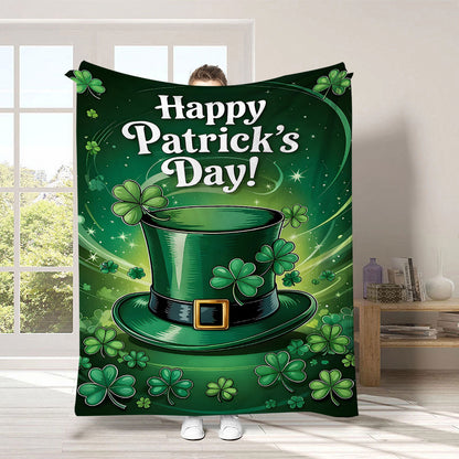 GiftoLuck Warm Cozy Vibrant St. Patrick's Day Flannel Blanket Featuring Irish Leprechauns, Pot of Gold, Shamrocks & Rainbow, Festive Home Decor for UK & Irish Celebrations, Bringing Good Fortune & Joy to Family Homes