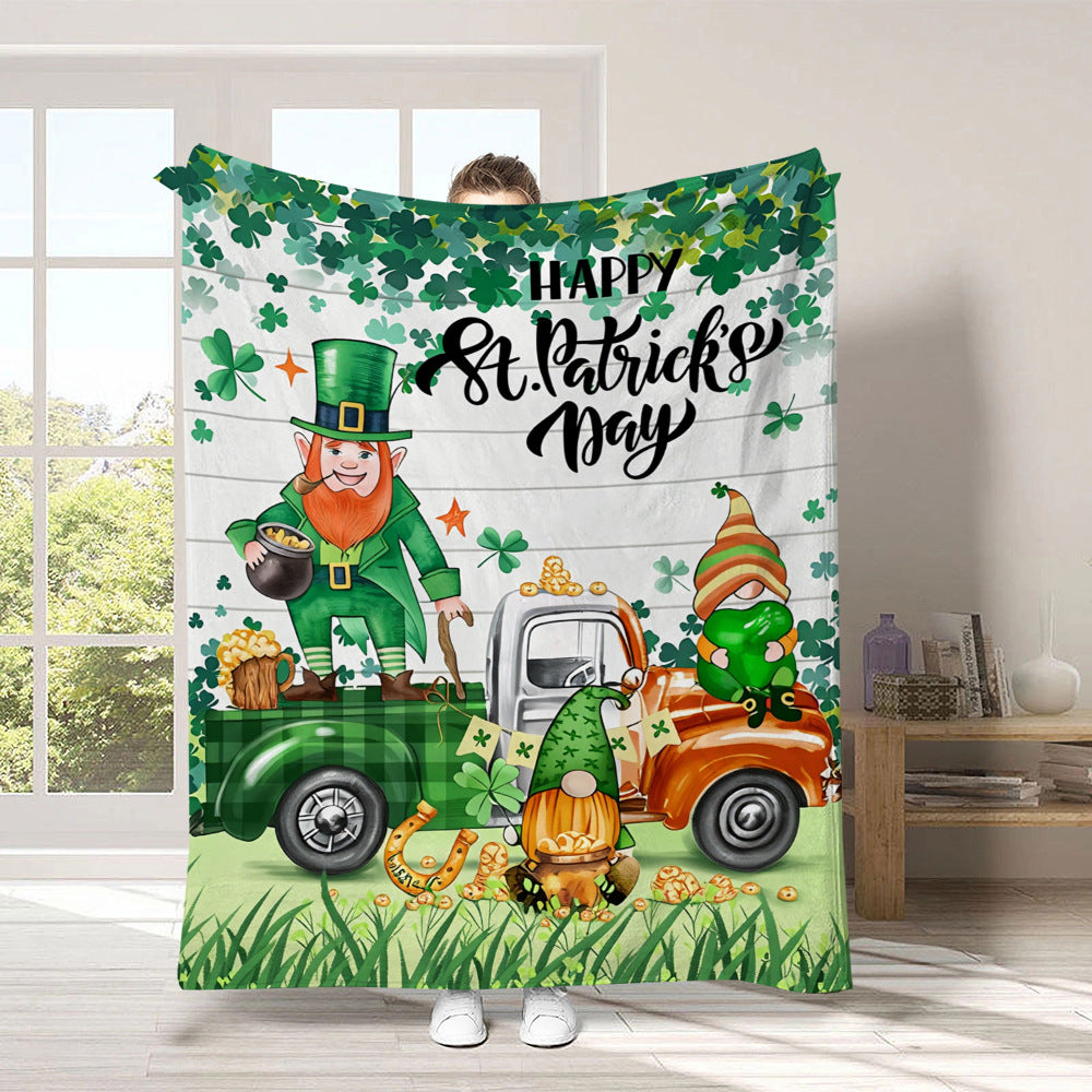 GiftoLuck Warm Cozy Vibrant St. Patrick's Day Flannel Blanket Featuring Irish Leprechauns, Pot of Gold, Shamrocks & Rainbow, Festive Home Decor for UK & Irish Celebrations, Bringing Good Fortune & Joy to Family Homes