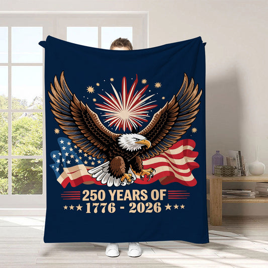 GiftoLuck 4th of July Independence Day 250th Anniversary Flannel Blanket (1776–2026) – Patriotic USA Throw with American Flag, Bald Eagle & Statue of Liberty