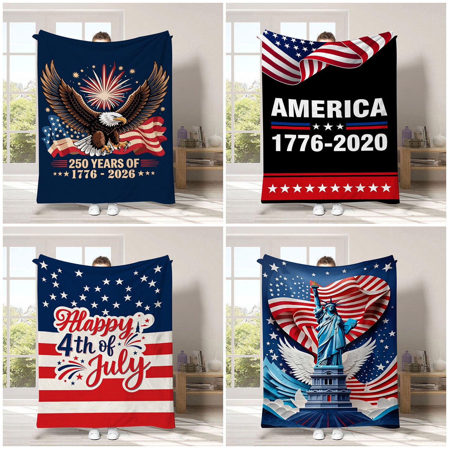 GiftoLuck 4th of July Independence Day 250th Anniversary Flannel Blanket (1776–2026) – Patriotic USA Throw with American Flag, Bald Eagle & Statue of Liberty