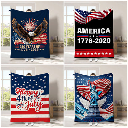 GiftoLuck 4th of July Independence Day 250th Anniversary Flannel Blanket (1776–2026) – Patriotic USA Throw with American Flag, Bald Eagle & Statue of Liberty