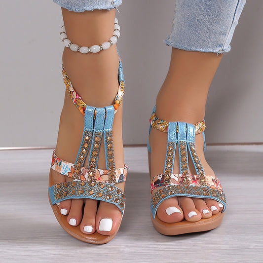 🔥Last Day 69% OFF🔥GiftoLuck Women Summer 2025 Bohemian Flat Shoes Rhinestone Peep-toe Sandals