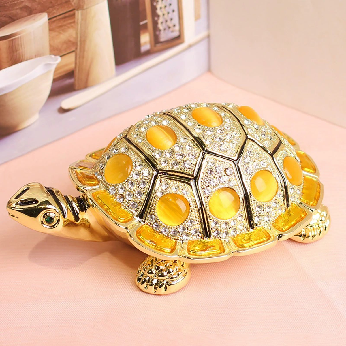 GiftoLuck Longevity Wish Turtle Metal Jewelry Box with Gemstone Accents