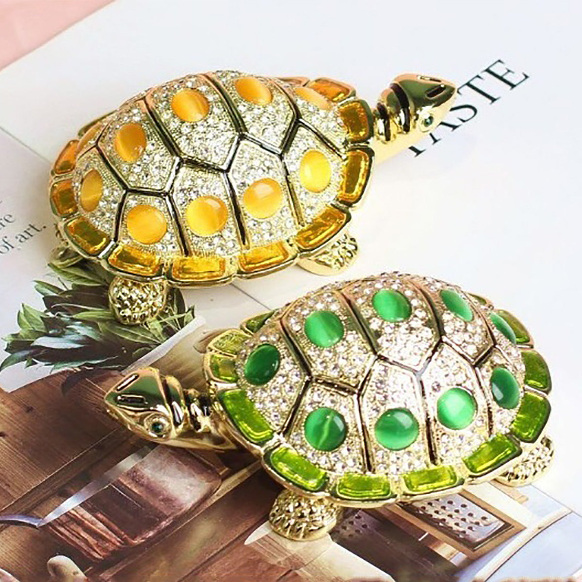 GiftoLuck Longevity Wish Turtle Metal Jewelry Box with Gemstone Accents