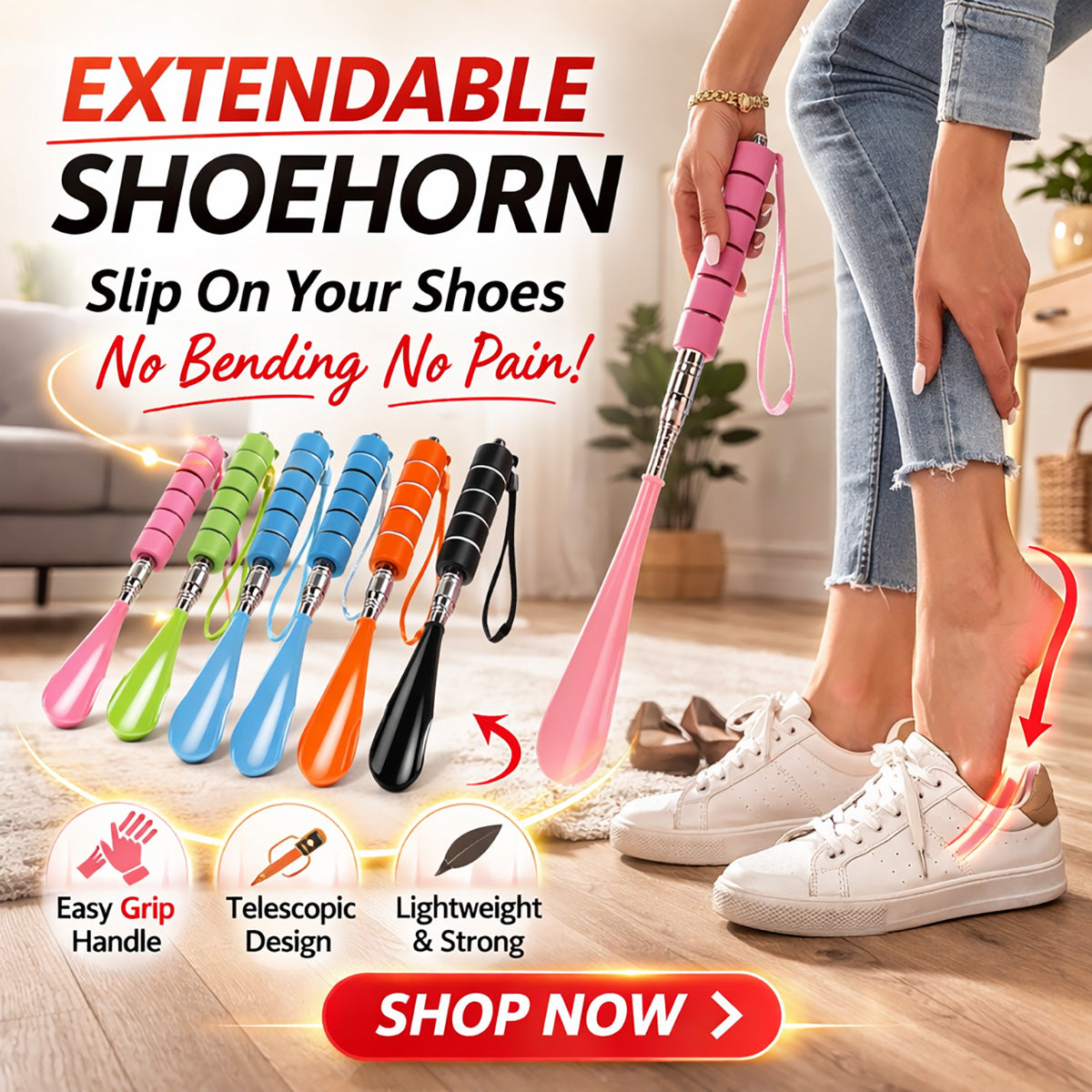 GifitoLuck Adjustable Shoe Horn, Stainless Steel Long Handle Shoehorn with Non-Slip Grip