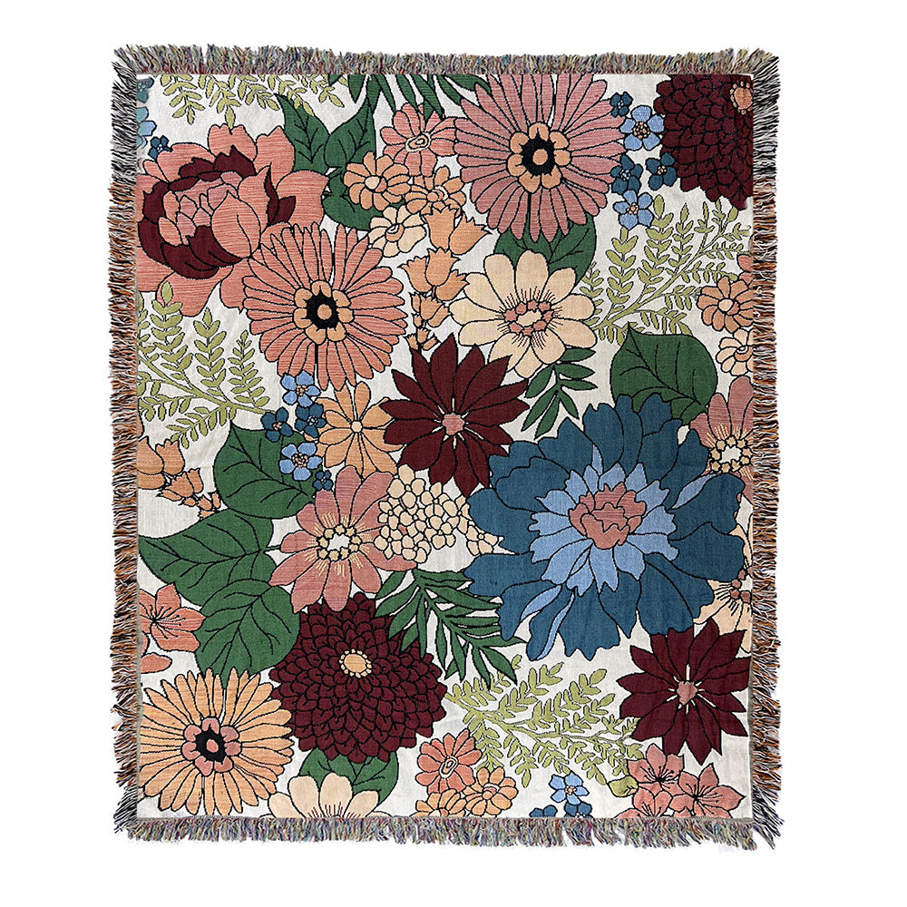 GiftoLuck Floral Garden Jacquard Woven Tapestry Throw Blanket with Tassels for Sofa Decor