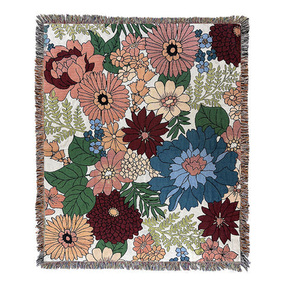 GiftoLuck Floral Garden Jacquard Woven Tapestry Throw Blanket with Tassels for Sofa Decor