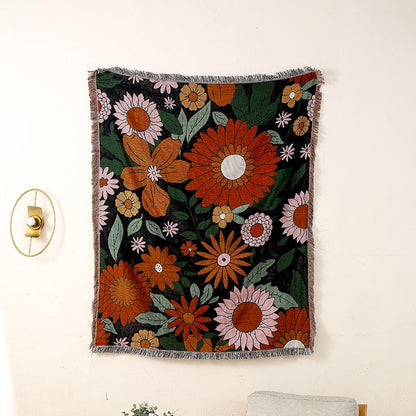 GiftoLuck Floral Garden Jacquard Woven Tapestry Throw Blanket with Tassels for Sofa Decor