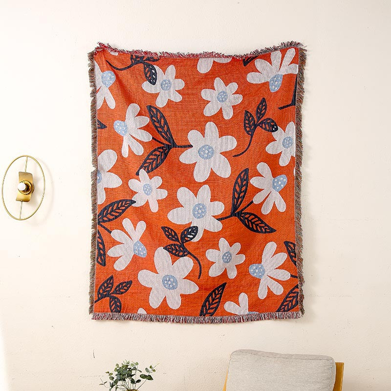 GiftoLuck Floral Garden Jacquard Woven Tapestry Throw Blanket with Tassels for Sofa Decor