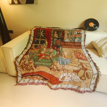 GiftoLuck Cat Hugging Bear Jacquard Woven Tapestry Sofa Throw Blanket with Tassels
