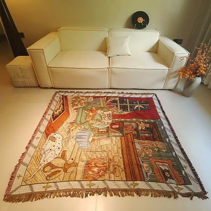 GiftoLuck Cat Hugging Bear Jacquard Woven Tapestry Sofa Throw Blanket with Tassels