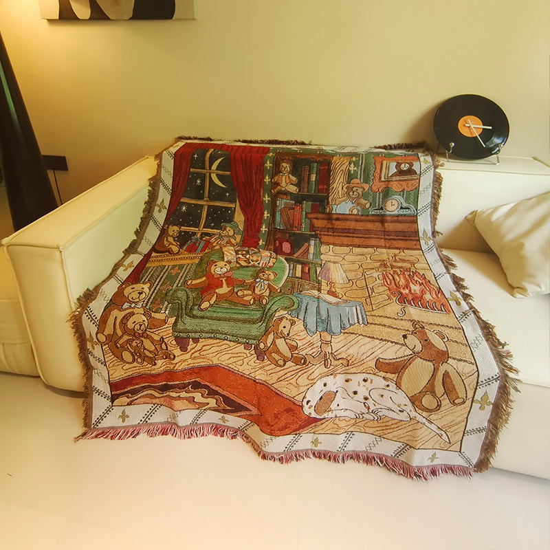 GiftoLuck Cat Hugging Bear Jacquard Woven Tapestry Sofa Throw Blanket with Tassels