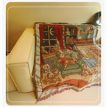 GiftoLuck Cat Hugging Bear Jacquard Woven Tapestry Sofa Throw Blanket with Tassels