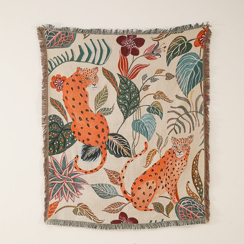 GiftoLuck Pink Hawaiian Leopard Jacquard Woven Tapestry Throw Blanket with Tassels