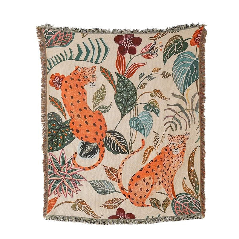 GiftoLuck Pink Hawaiian Leopard Jacquard Woven Tapestry Throw Blanket with Tassels