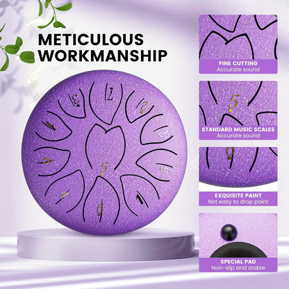 [Musical Instrument for Children&Adults] 6-Note,11-Note Steel Tongue Chakra Drum | 6-Inch (15.2cm) with Bag, Drum Mallets & Music Book | Outdoor Garden Rain Chime for Children&Adults